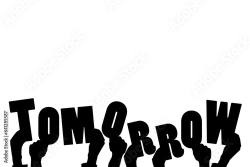 Digital png silhouette illustration of hands holding tomorrow text on transparent background