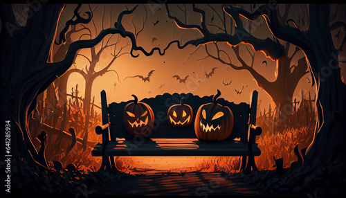 illustration of a spooky forest sunset with a haunted evil glowing eyes of Jack O' Lanterns on the left of a wooden bench , Ai generated image  photo