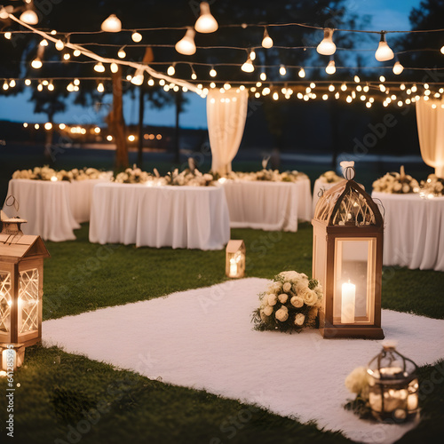 Golden Hour Romance: Outdoor Wedding with Candles, Embracing Sunset's Warm Glow. AI generated © Iceman_31