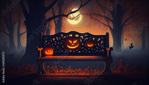 illustration of a spooky forest sunset with a haunted evil glowing eyes of Jack O' Lanterns on the left of a wooden bench , Ai generated image  photo