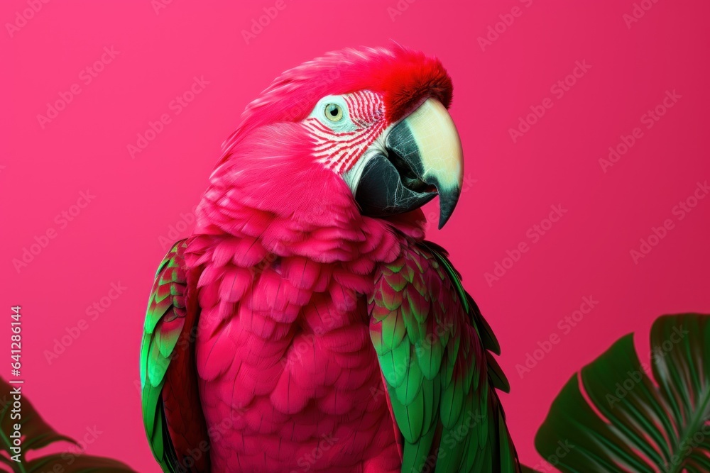 Ara parrot portrait. pink and green palette