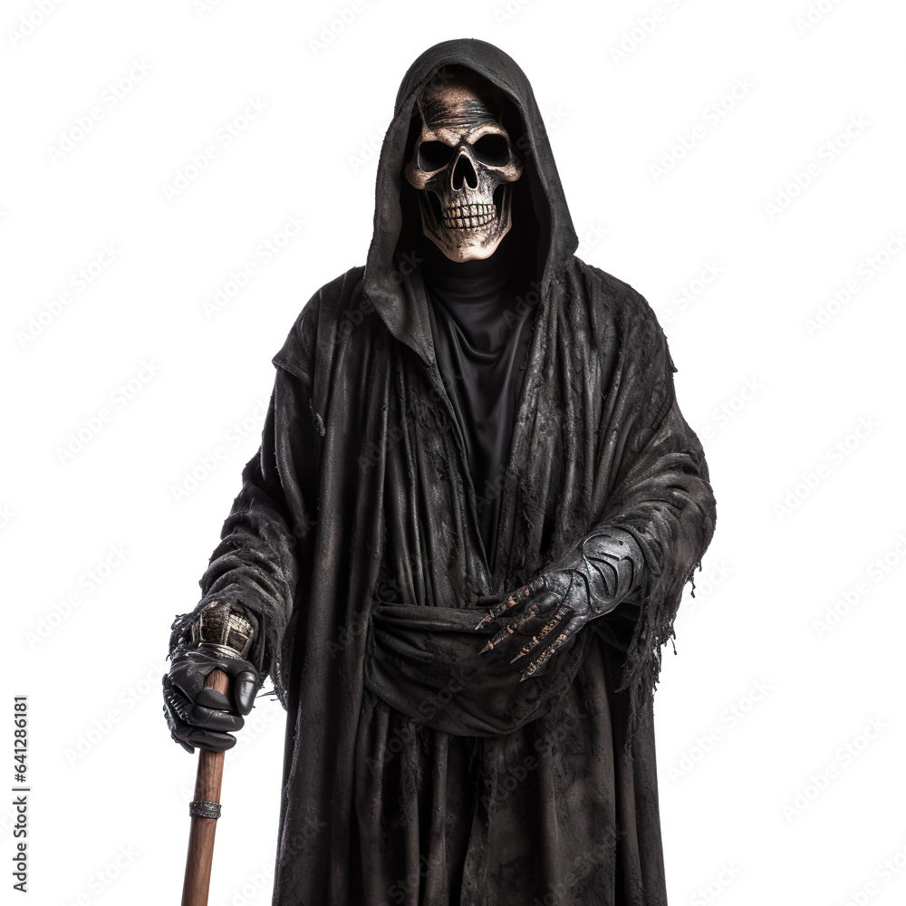 Fototapeta premium Halloween costumes - Front view mid shot of white man dressed as grim reaper isolated on white transparent background