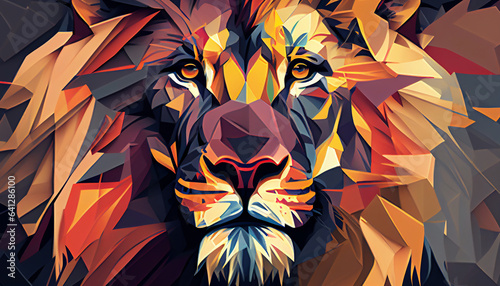 Geometric abstract lion head portrait with the face in a polygon abstract pattern, computer Generative AI stock illustration image