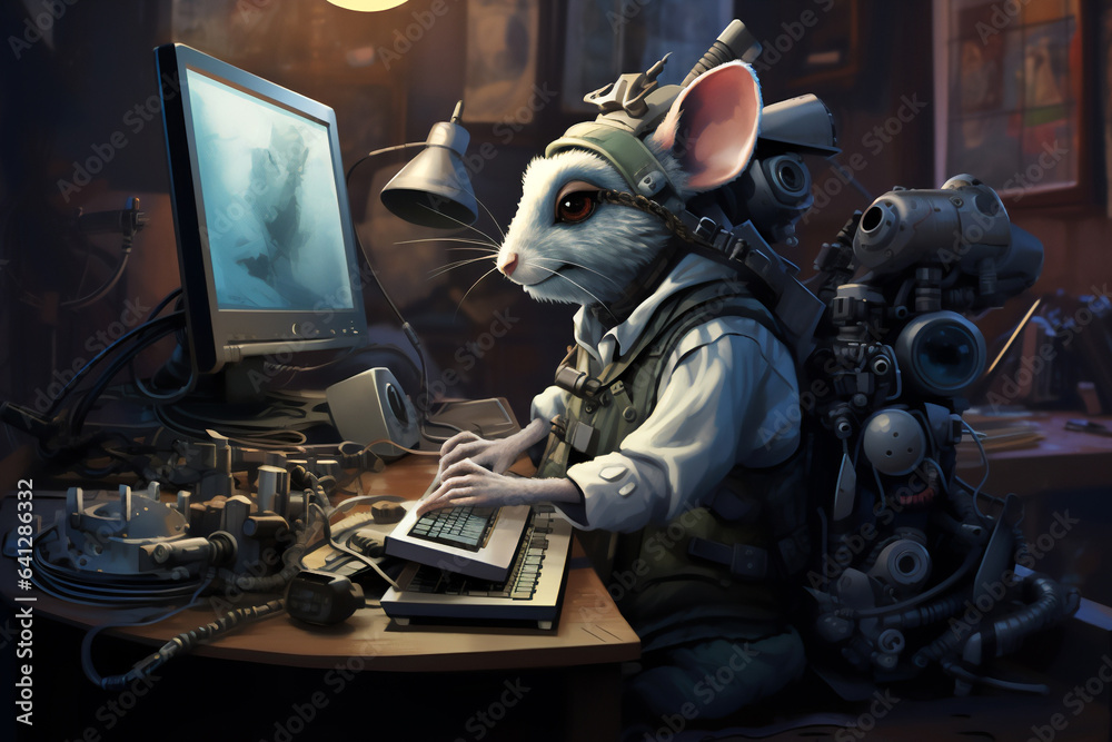 Naklejka premium A tech-savvy robot rodent mouse working from home on a laptop computer while networking on the internet using machine learning technology, computer Generative AI stock illustration image