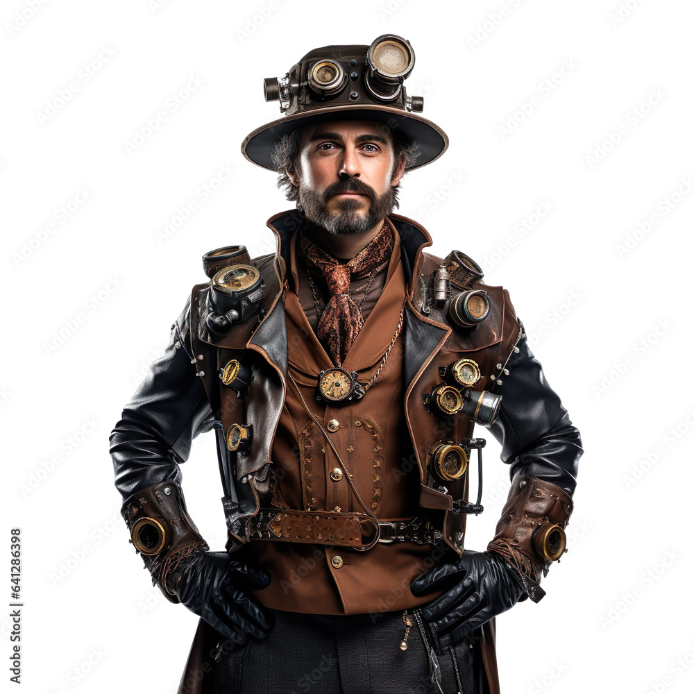 Halloween costumes -  Front view mid shot of white man dressed as steam punk inventor isolated on white transparent background