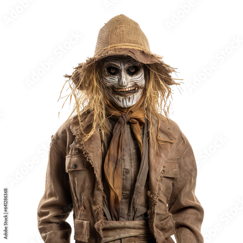 Halloween costumes -  Front view mid shot of white man dressed as scarecrow isolated on white transparent background photo