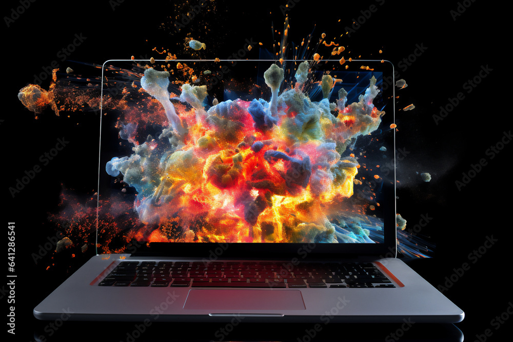 Laptop bursting with an explosion of vibrant technicolour colours causing computer stress and frustration through overwork and networking on the internet, Generative AI stock illustration image - obrazy, fototapety, plakaty 