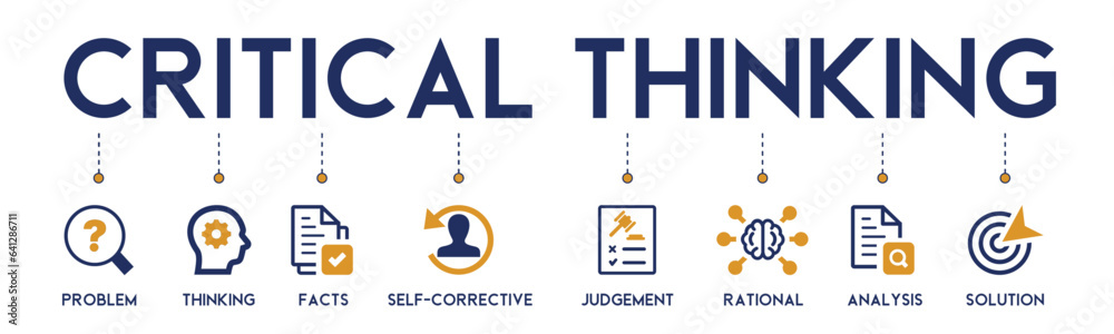Critical thinking banner website icons vector illustration concept with an icons of identification, biases, relevance, curiosity, research, inference, process, rationality on white background Critical thinking banner website icons vector illustration concept with an icons of identification, biases, relevance, curiosity, research, inference, process, rationality on white background