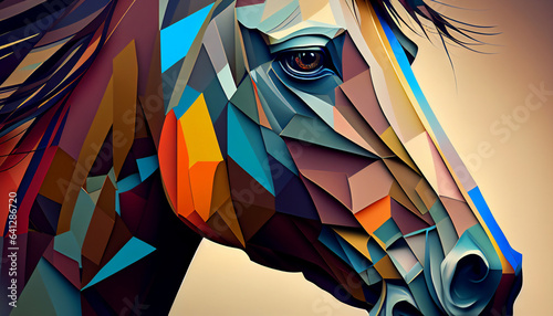 Geometric horse head with the face in a polygon abstract pattern which could be used as a poster or flyer isolated on a black background, computer Generative AI stock illustration image