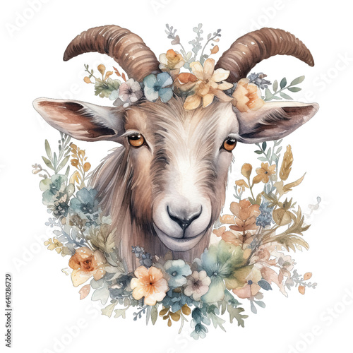 Fototapeta Naklejka Na Ścianę i Meble -  Watercolor Floral Horned Goat Face Generative Ai
