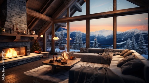 Cozy living room in modern minimalist chalet with Christmas decor. Blazing fireplace  burning candles  elegant Christmas tree  comfortable cushioned furniture  panoramic window with mountains view.