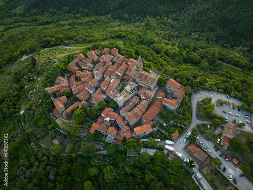 Aerial view of the old town of Groznjan, in Istria, Croatia.