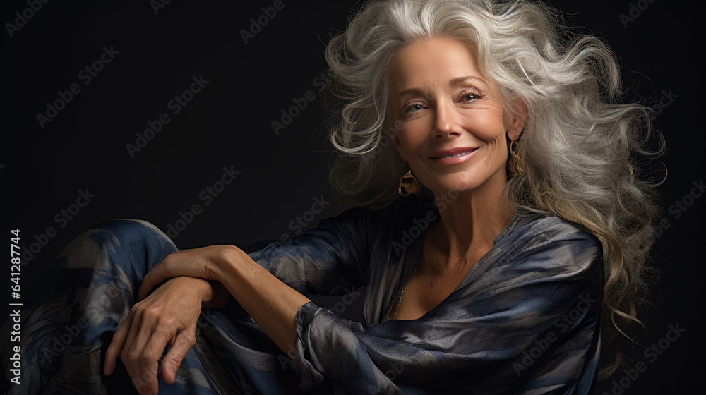 Naklejka premium Portrait of a beautiful mature woman. With long white hair, she poses in a natural way.