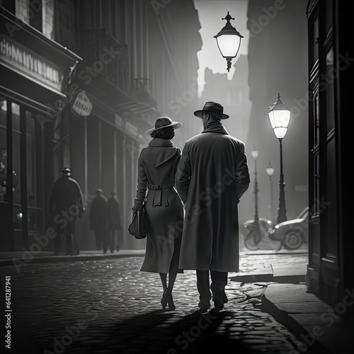 Vintage Couple Walking, Night City Street, 1920s Elegant Woman and Man in Old Historical Town