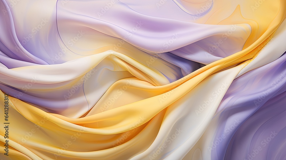 Fototapeta premium Flowing patterns of pastel yellow and lilac on a silk canvas, capturing the fluidity and grace of draped fabric flat lay