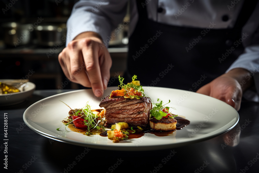 A chef arranging food on a plate close up shot