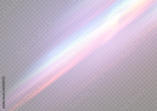 Iridescent crystal leak glare reflection effect. Optical rainbow lights, glare, leak, streak overlay. falling confetti. Vector colorful vector lenses and light flares with transparent effects.