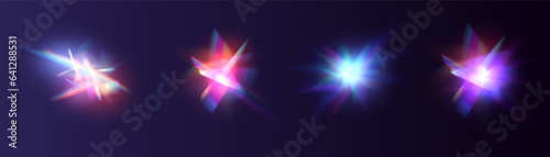 Iridescent crystal leak glare reflection effect. Optical rainbow lights, glare, leak, streak overlay. falling confetti. Vector colorful vector lenses and light flares with transparent effects.
