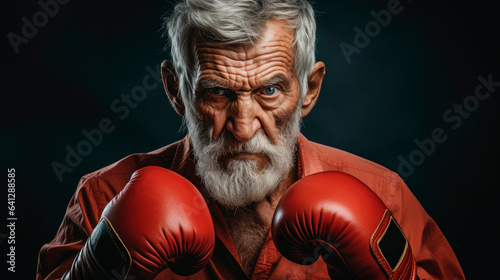 Elderly man wearing red boxing gloves © graja