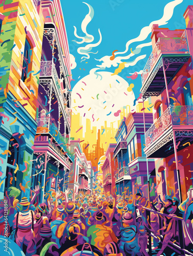 A Risograph Illustration of a Layered Parade in New Orleans During Mardi Gras