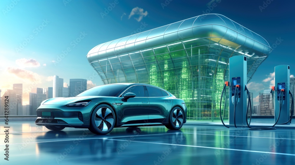 Electric car at futuristic charging station. Selected focusing. Eco alternative transport and battery charging technology concept, electric hybrid machine