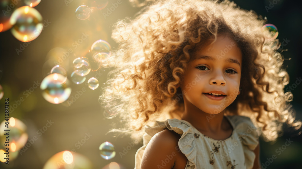 Cheerful happy child have fun, play with soap bubbles. The conce Cheerful happy child have fun, play with soap bubbles. The conce