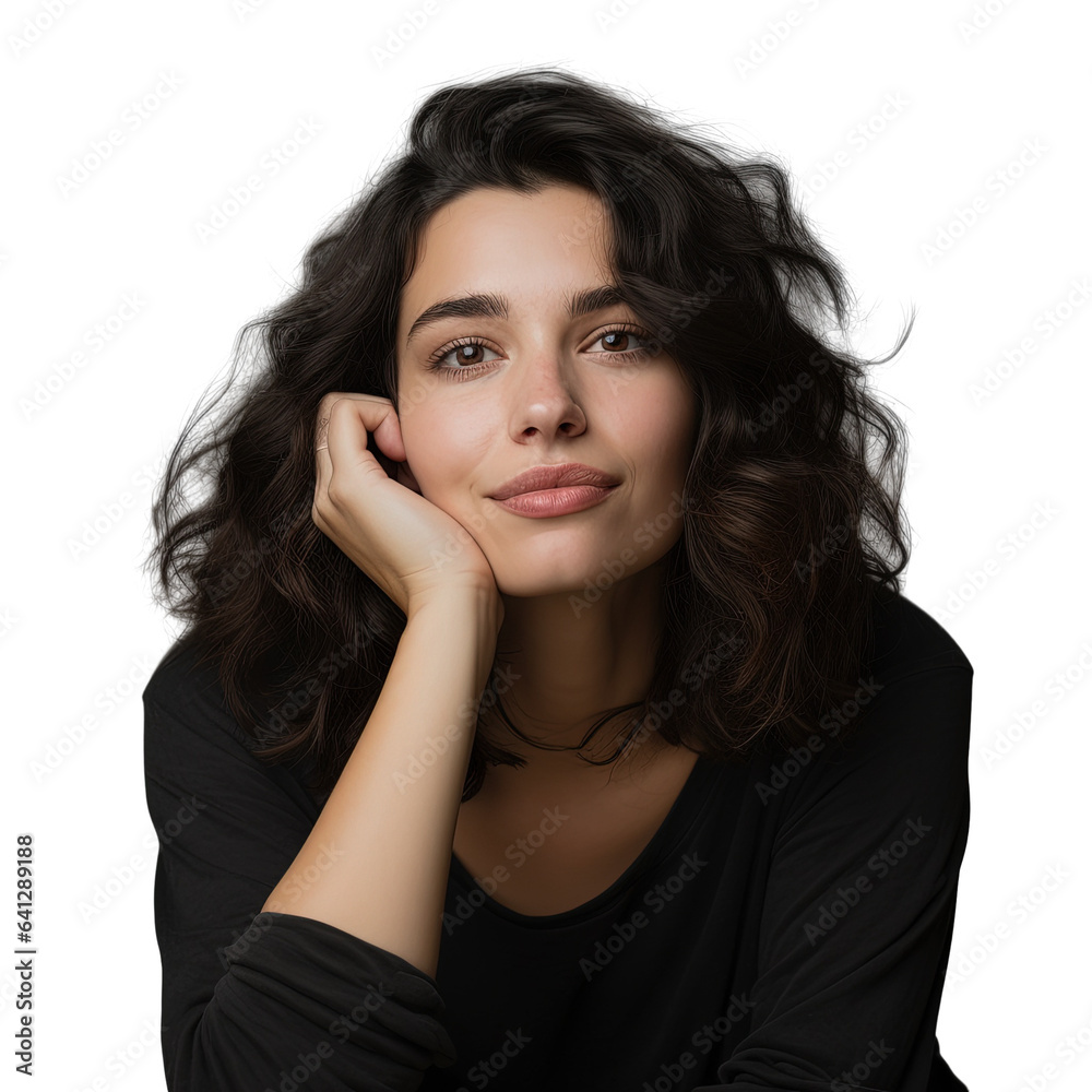 Happy brunette woman lying on hands and gazing at camera transparent background Happy brunette woman lying on hands and gazing at camera transparent background