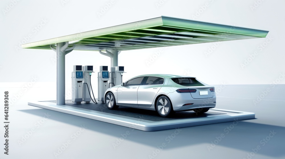 Electric car at futuristic charging station. Selected focusing. Eco alternative transport and battery charging technology concept, electric hybrid machine - obrazy, fototapety, plakaty 