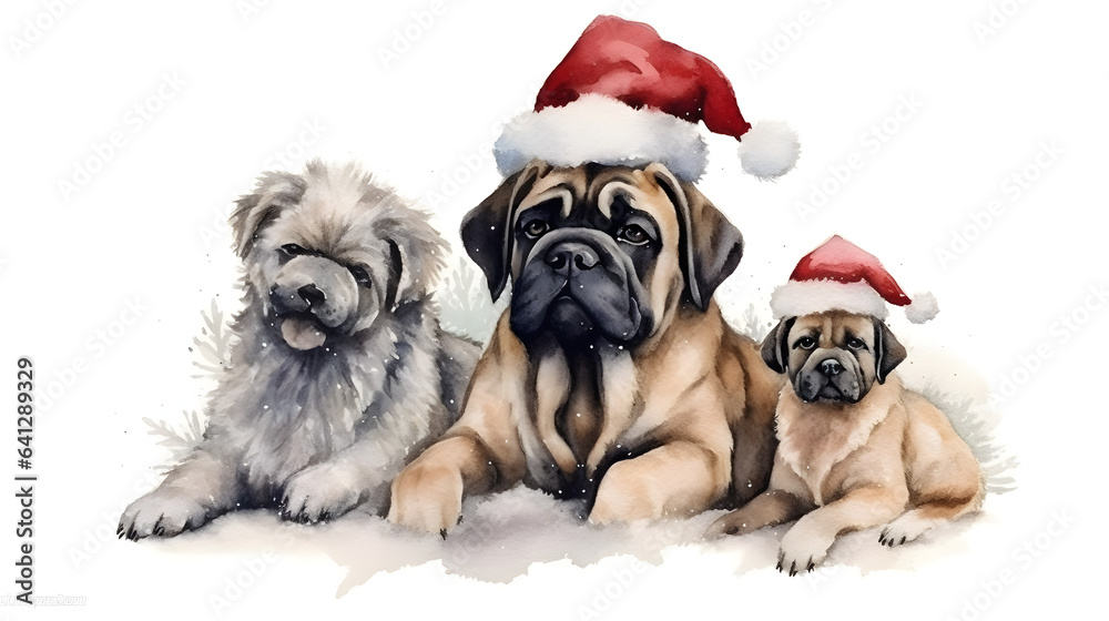 Watercolor illustration of family dogs in the Santa Claus hats