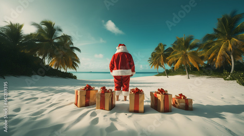 Santa Claus with gifts on a beautiful beach 