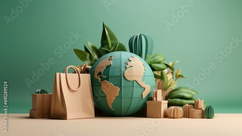 Ecology - Eco package -Modern concept illustration of a paper bag surrounded by plants, shopping paper bag with plants background photo