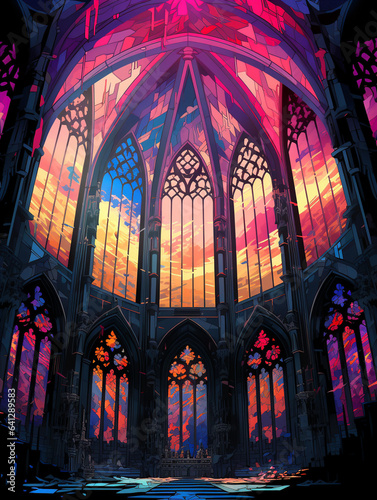 A Risograph Illustration of Layered Stained Glass in a Gothic Cathedral