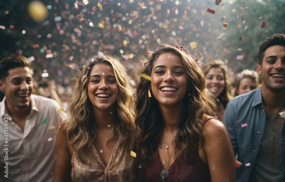 Friends enjoying the party and throwing confetti Friends enjoying the party and throwing confetti
