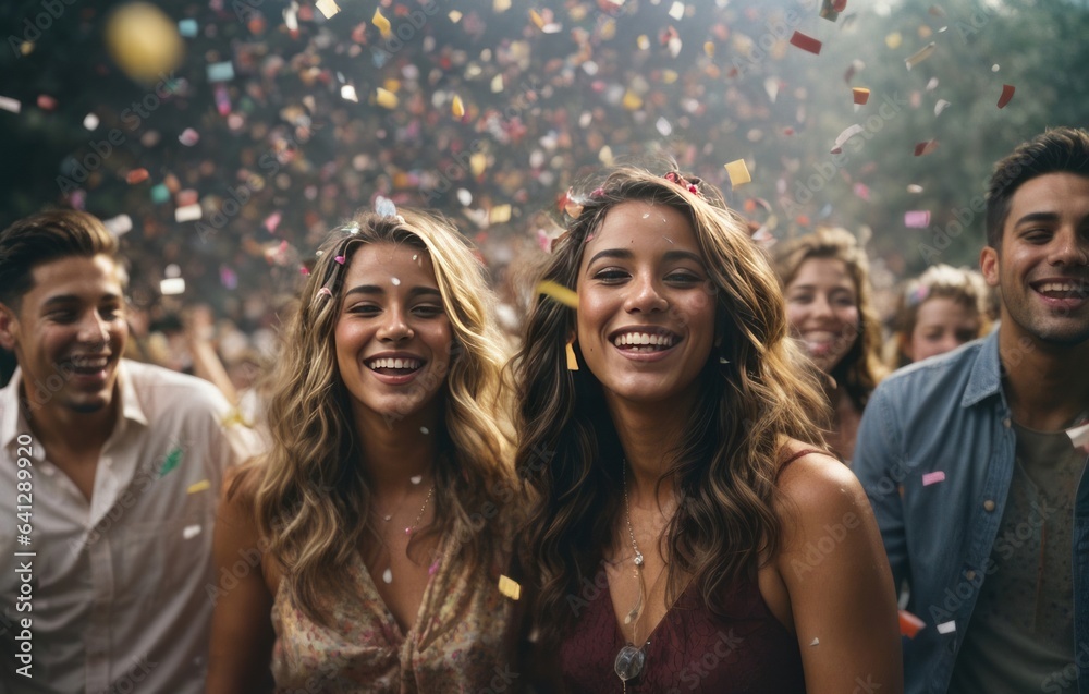 Friends enjoying the party and throwing confetti