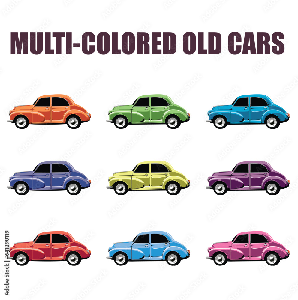 Set of multicolored vector cars. Bright old cars isolated from the background.