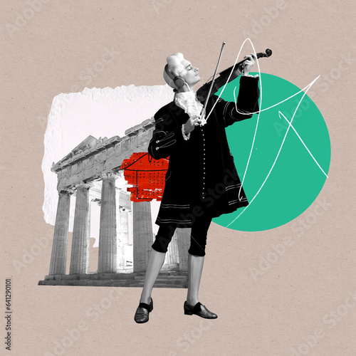 Elegant male model as historical character, great music composer playing violin. Classical music. Contemporary art collage. Retro style, fashion, art, comparison of eras concept. Ad