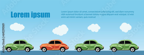 Bright background for your advertising or banners. Multi-colored old cars against the sky. The illustration has space for your text.