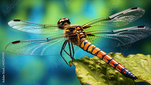 Hyperreal close-up of a dragonfly perched on a leaf © javier