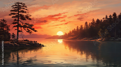 Lifelike representation of a serene lakeside sunrise