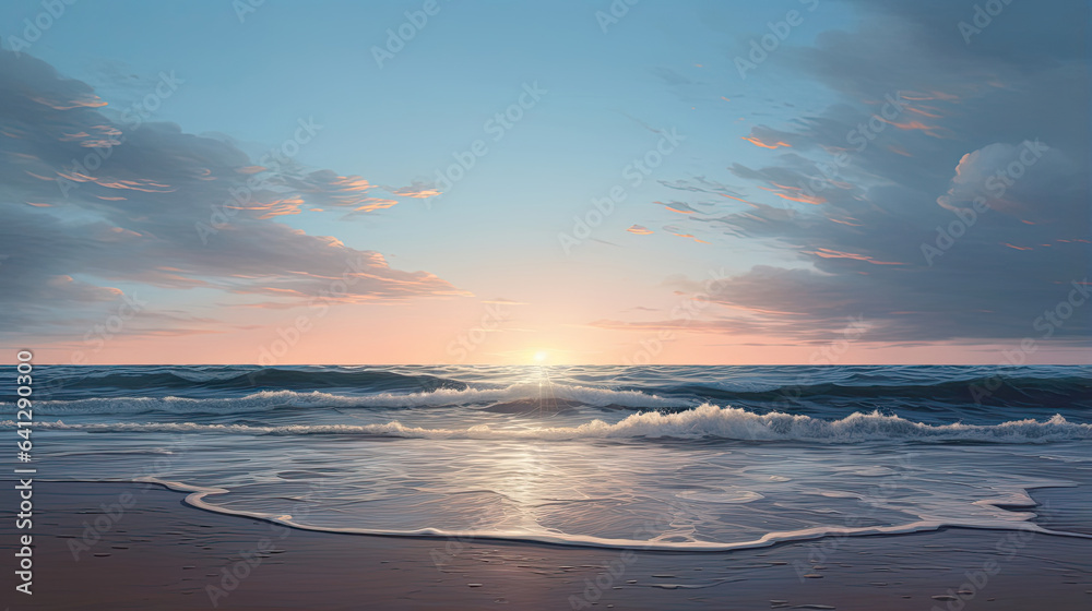 Hyperreal depiction of a calm ocean beach at dawn