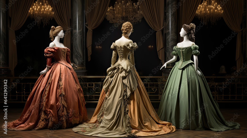 Victorian-era ladies in elegant ballroom gowns