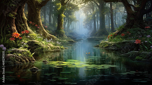 Hyperrealistic view of a tranquil pond surrounded by foliage