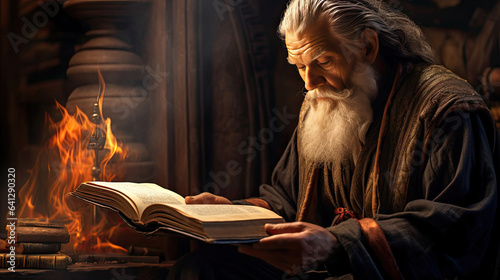 An elderly scholar engrossed in reading a tome