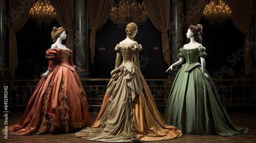 Victorian-era ladies in elegant ballroom gowns