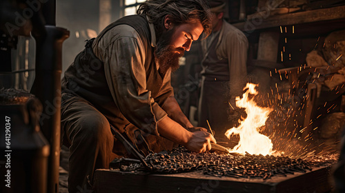 Hardworking blacksmith forging metal by firelight