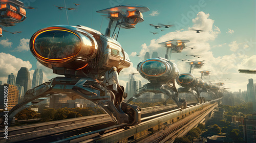 Futuristic city dwellers commuting with flying vehicles