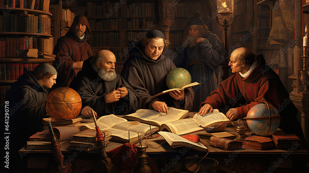 Renaissance scholars debating ideas in a library Renaissance scholars debating ideas in a library
