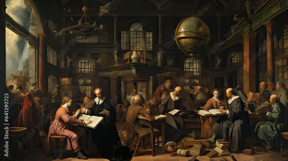 Renaissance scholars debating ideas in a library