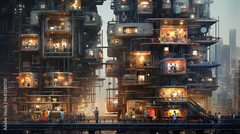 Futuristic urban dwellers in a vertical megacity