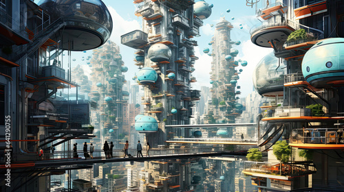 Futuristic urban dwellers in a vertical megacity